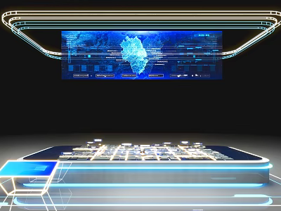Futuristic Digital Interface With Blue Data Visualization And Glowing Control Panel 3d model