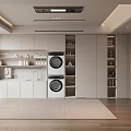 Modern Laundry Room Interior Design With White Cabinets Stacked Washer Dryer And Storage Shelves