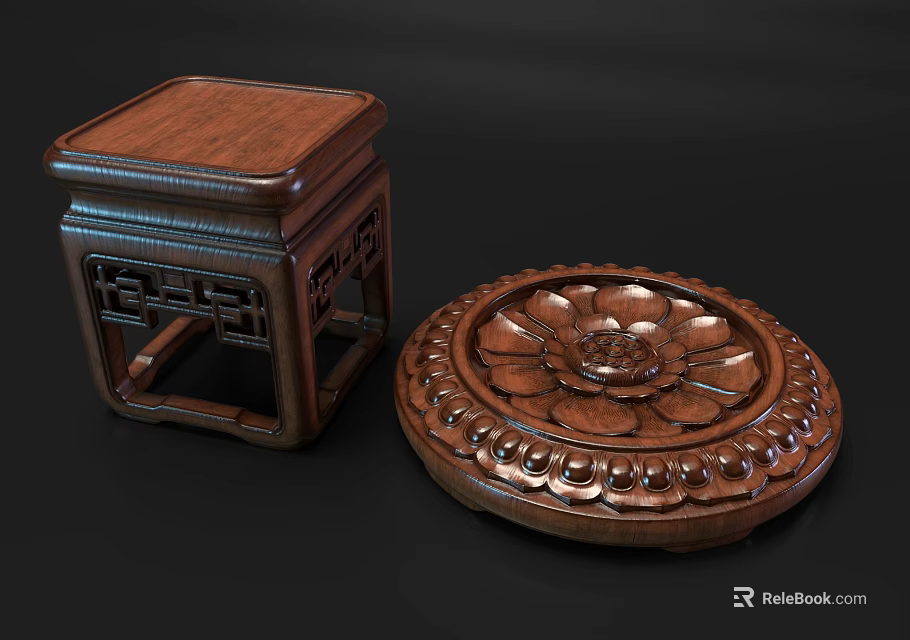 Wooden Storage Shelf with Carved Patterns Square and Round Design for Home Decor 3d model 