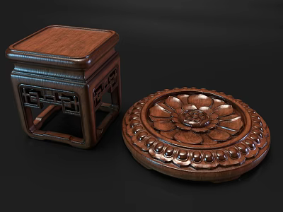 Wooden Storage Shelf with Carved Patterns Square and Round Design for Home Decor 3d model