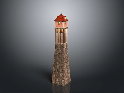 Stone Lighthouse Model Structure With Red Roof Windows And Railing Details 3d model