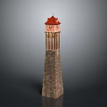 Stone Lighthouse Model Structure With Red Roof Windows And Railing Details