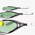 Sports Equipment Three Tennis Rackets With Green Strings White Handles And A Tennis Ball