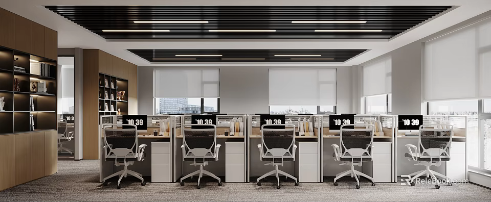 Public Office Space Interior Design With Modern Desks Ergonomic Chairs And Computer Monitors 3d model 