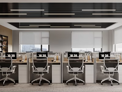 Public Office Space Interior Design With Modern Desks Ergonomic Chairs And Computer Monitors 3d model