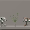 Transparent Glass Vases With White Roses Green Plants And Pink Orange Flowers On Light Shelf