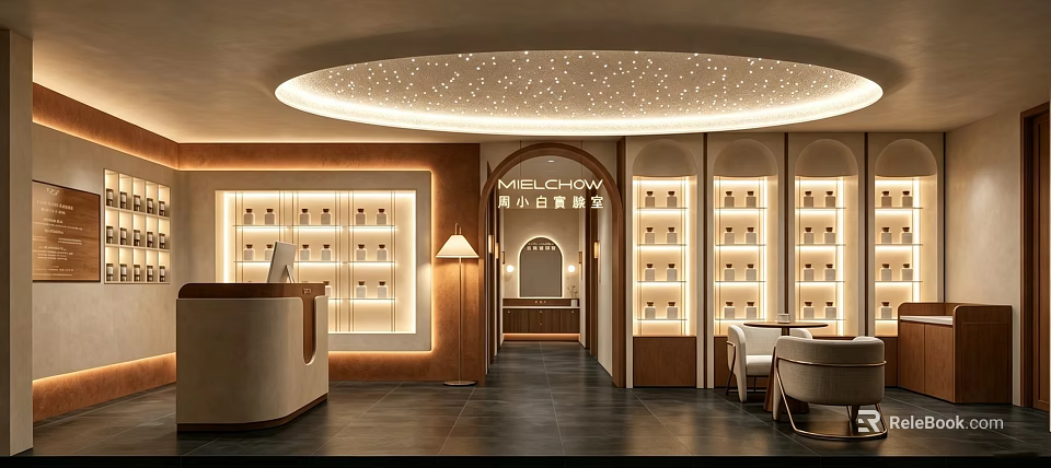 Modern Luxury Beauty Salon Interior With Reception Desk Shelves Products Lighting Sofa And Mirror 3d model 