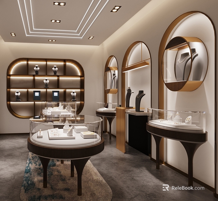 Elegant Jewelry Store Interior With Round Glass Display Cases And Warm Gold Lighting 3d model 