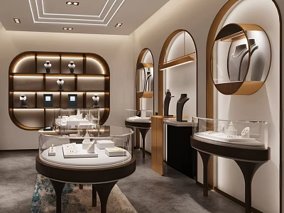 Elegant Jewelry Store Interior With Round Glass Display Cases And Warm Gold Lighting 3d model