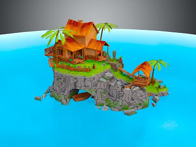 Cartoon Island Scene Featuring Wooden House Palm Trees Rocks and Blue Water 3d model