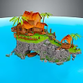 Cartoon Island Scene Featuring Wooden House Palm Trees Rocks and Blue Water