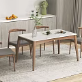 Modern Dining Table Set with Wooden Chairs White Tabletop Green Plants and Tableware in Kitchen