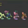 Four Wooden Horse Dolls With Different Costumes On Blue Bases And Reflections