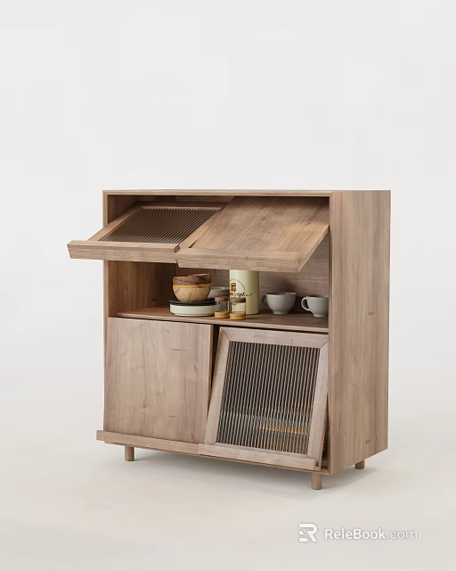 Simple Modern Wooden Decorative Cabinet with Flip-up Doors Lattice Door Holding Bowls Jars and Cups 3d model 