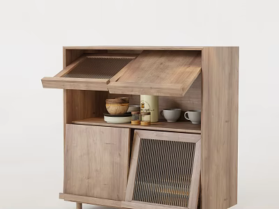 Simple Modern Wooden Decorative Cabinet with Flip-up Doors Lattice Door Holding Bowls Jars and Cups 3d model