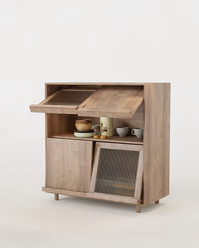 Simple Modern Wooden Decorative Cabinet with Flip-up Doors Lattice Door Holding Bowls Jars and Cups 3d model