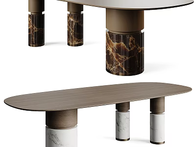 Modern Oval Dining Table With Wooden Tabletop And Marble Legs Design 3d model