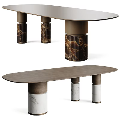 Modern Oval Dining Table With Wooden Tabletop And Marble Legs Design 3d model