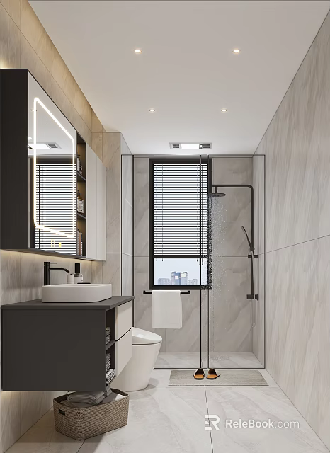 Modern Bathroom With Gray Marble Walls Black Vanity Mirror Built-in Lights Blinds Glass Shower Toilet 3d model 
