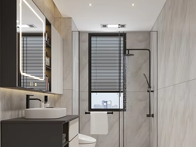 Modern Bathroom With Gray Marble Walls Black Vanity Mirror Built-in Lights Blinds Glass Shower Toilet 3d model