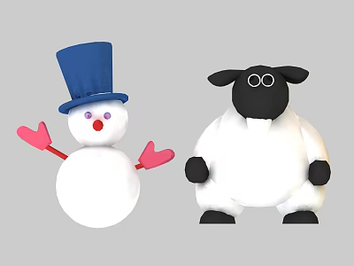 Adorable Plush Snowman and Sheep Dolls Featuring Blue Top Hat Pink Arms Black White Design 3d model