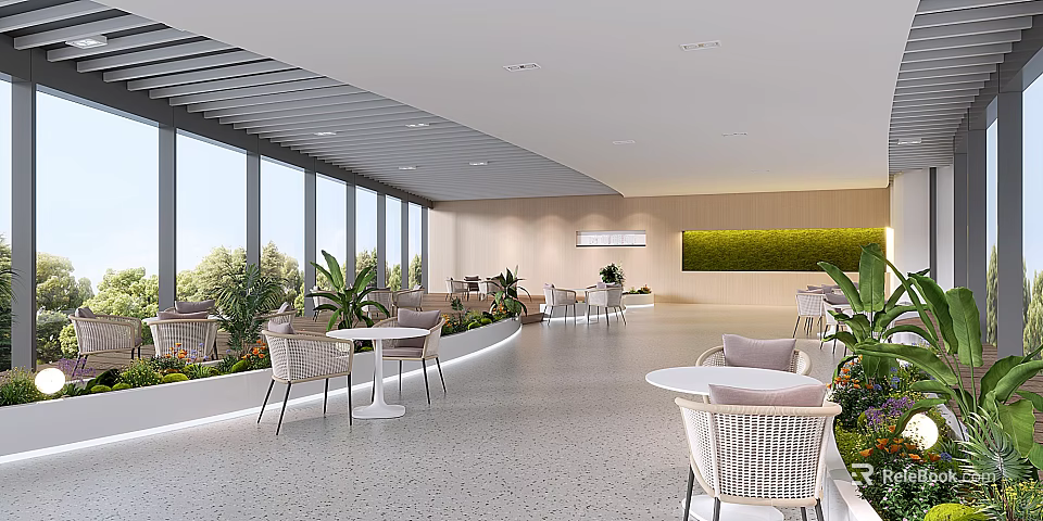 Modern Lounge Area With Large Windows Rattan Chairs Round Tables And Green Plants 3d model 
