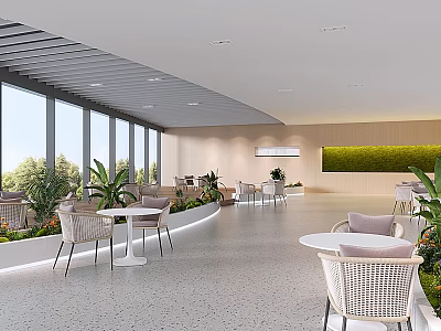 Modern Lounge Area With Large Windows Rattan Chairs Round Tables And Green Plants 3d model