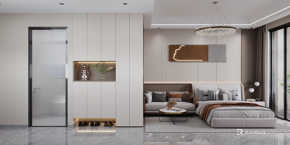 Modern Hotel Guest Room Interior Design With Bed Sofa Chandelier And Decorative Art 3d model 