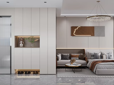 Modern Hotel Guest Room Interior Design With Bed Sofa Chandelier And Decorative Art 3d model