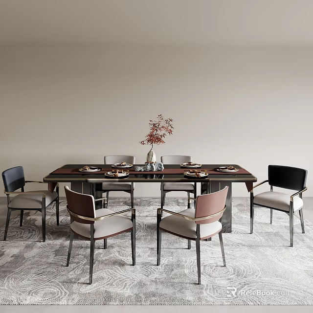 Stylish Dining Table Set With Chairs Tableware Vase And Red Flowers 3d model 