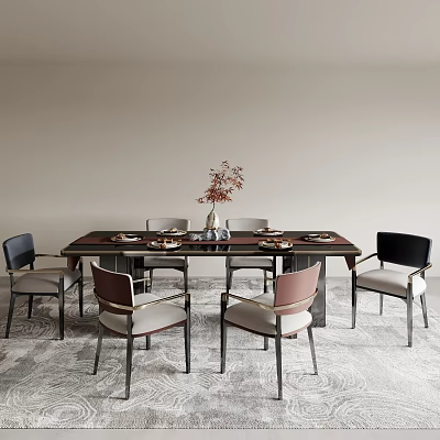Stylish Dining Table Set With Chairs Tableware Vase And Red Flowers 3d model