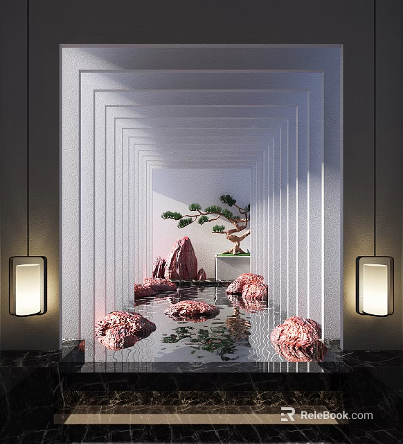 Garden Ornament With White Layered Structures Water Feature Red Stones Pine Tree And Lighting 3d model 