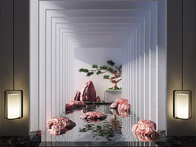 Garden Ornament With White Layered Structures Water Feature Red Stones Pine Tree And Lighting 3d model
