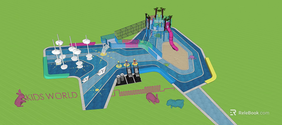 Children's Play Area With Colorful Flooring Climbing Structure Slide And Animal Figures 3d model 