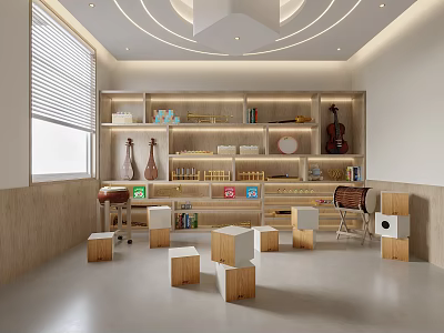 Bright Kindergarten Classroom Featuring Wooden Shelves Violin Toys Books and Small Stools 3d model