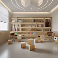Bright Kindergarten Classroom Featuring Wooden Shelves Violin Toys Books and Small Stools