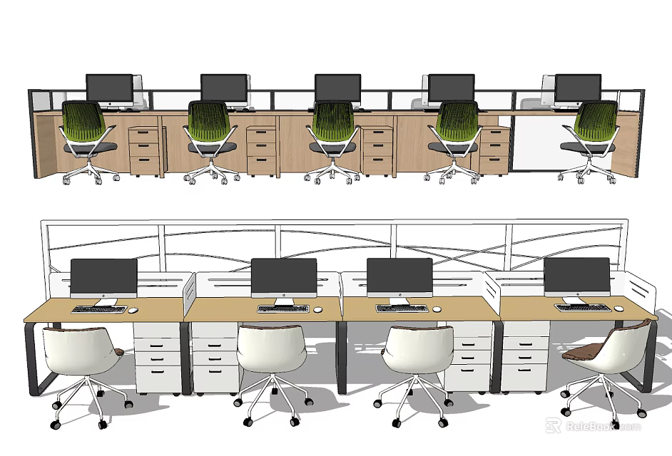 Modern Office Workspace Featuring Multiple Desks With Computer Monitors And Ergonomic Chairs 3d model