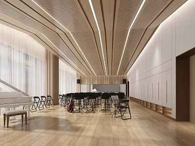 Spacious Kindergarten Activity Room With Piano And Chairs Wooden Floor And Ceiling Light Strips 3d model