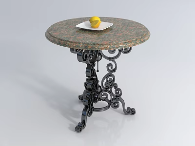 Round Marble Coffee Table with Intricate Black Metal Scroll Base and White Plate Yellow Lemon 3d model