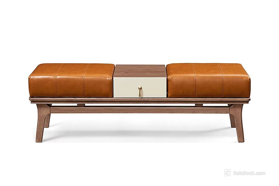 Brown Leather Ottoman with Wooden Panel Drawer and Solid Wood Legs Design 3d model