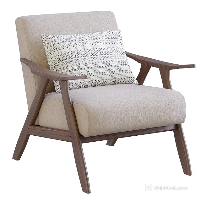 Comfortable Light Colored Leisure Chair With Wooden Armrests And Geometric Pattern Pillow 3d model 