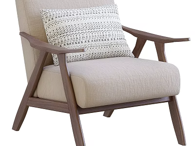 Comfortable Light Colored Leisure Chair With Wooden Armrests And Geometric Pattern Pillow 3d model