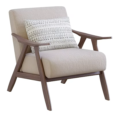 Comfortable Light Colored Leisure Chair With Wooden Armrests And Geometric Pattern Pillow 3d model