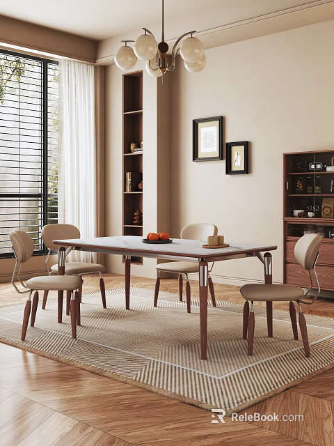 Dining Room Interior With Wooden Table Chairs Fruits Tray Window Blinds Bookshelves And Artworks 3d model 