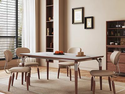 Dining Room Interior With Wooden Table Chairs Fruits Tray Window Blinds Bookshelves And Artworks 3d model