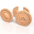 Carved Sculptures Round Wooden Decorative Pieces With Intricate Patterns And Inscriptions