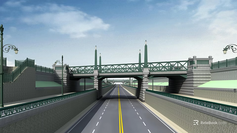 Green Metal Bridge With Pillars Over Road Lane Under Blue Sky And Clouds 3d model 