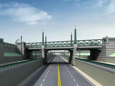 Green Metal Bridge With Pillars Over Road Lane Under Blue Sky And Clouds 3d model