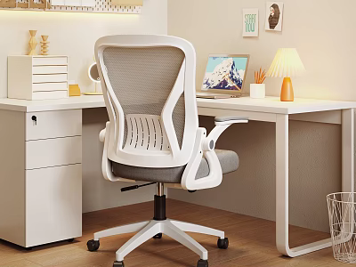 White Modern Desk Setup With Laptop Lamp Pencil Holder And Ergonomic Office Chair 3d model