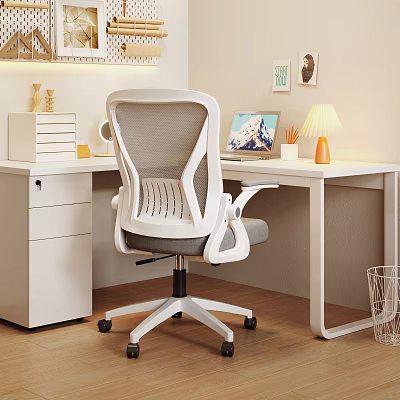 White Modern Desk Setup With Laptop Lamp Pencil Holder And Ergonomic Office Chair 3d model